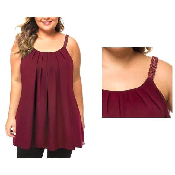 NWT Maner Cami Pleated Chiffon Tank Top Plus 4X Burgundy Beaded Strap Pl… - Picture 1 of 12